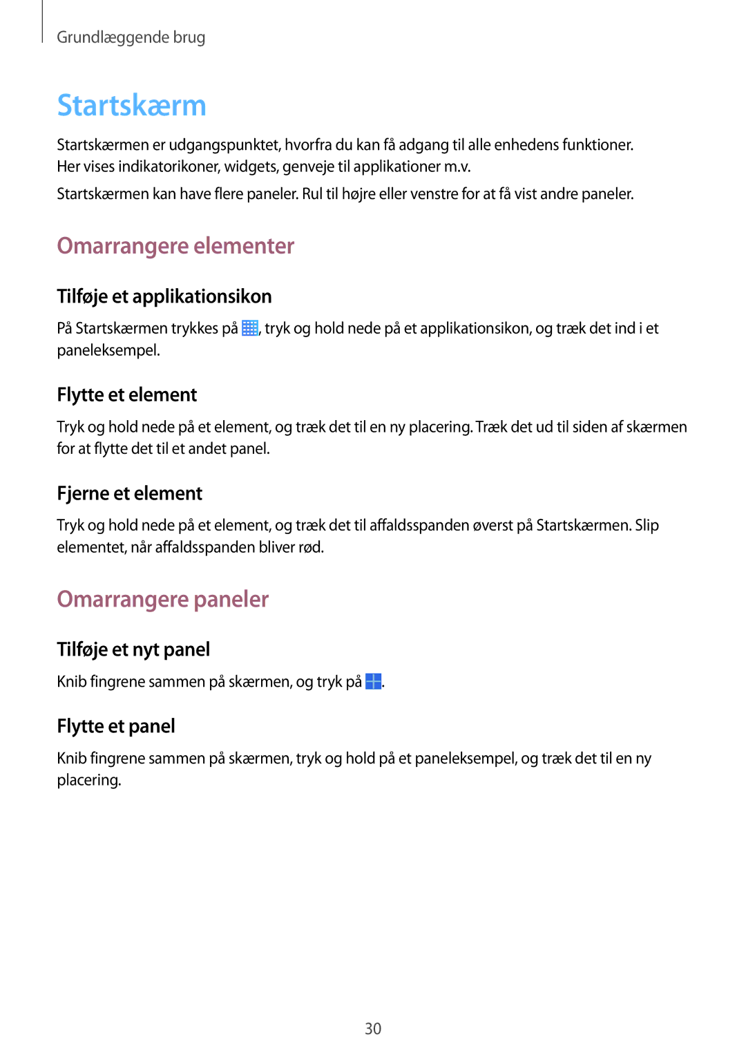 Samsung SM-T235NYKANEE, SM-T235NZWANEE manual Startskærm, Omarrangere elementer, Omarrangere paneler 