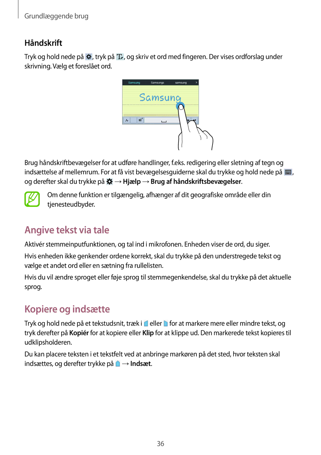 Samsung SM-T235NYKANEE, SM-T235NZWANEE manual Angive tekst via tale, Kopiere og indsætte, Håndskrift 