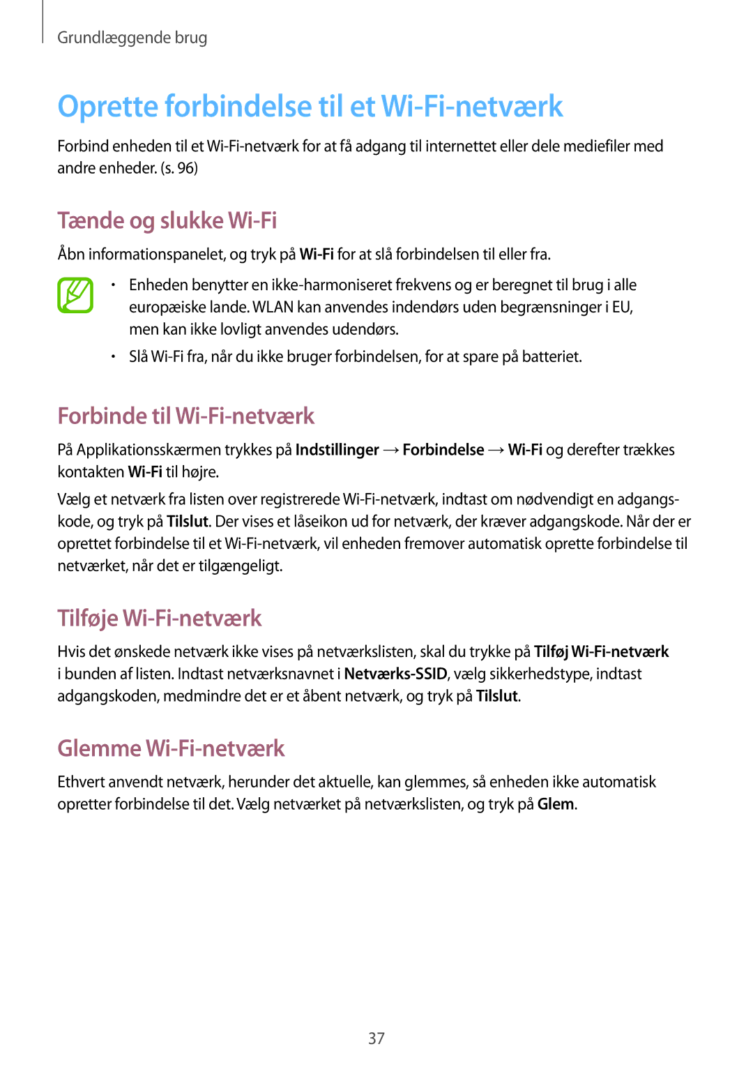Samsung SM-T235NZWANEE manual Oprette forbindelse til et Wi-Fi-netværk, Tænde og slukke Wi-Fi, Forbinde til Wi-Fi-netværk 