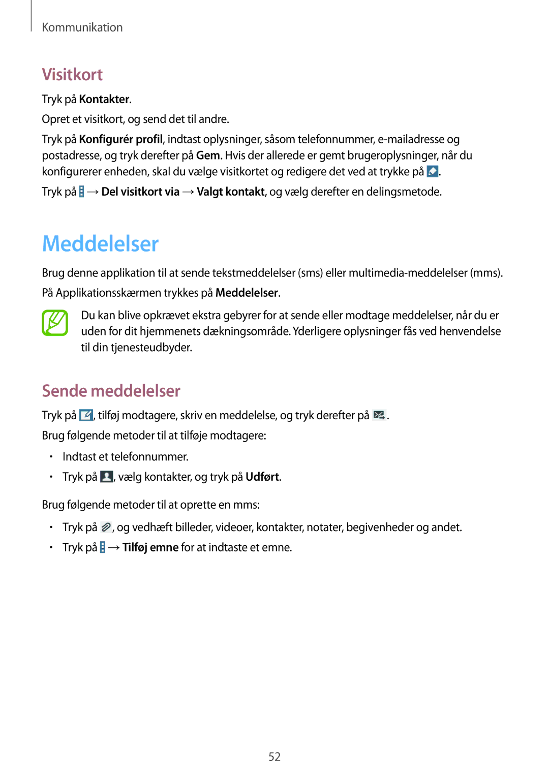 Samsung SM-T235NYKANEE, SM-T235NZWANEE manual Meddelelser, Visitkort, Sende meddelelser 