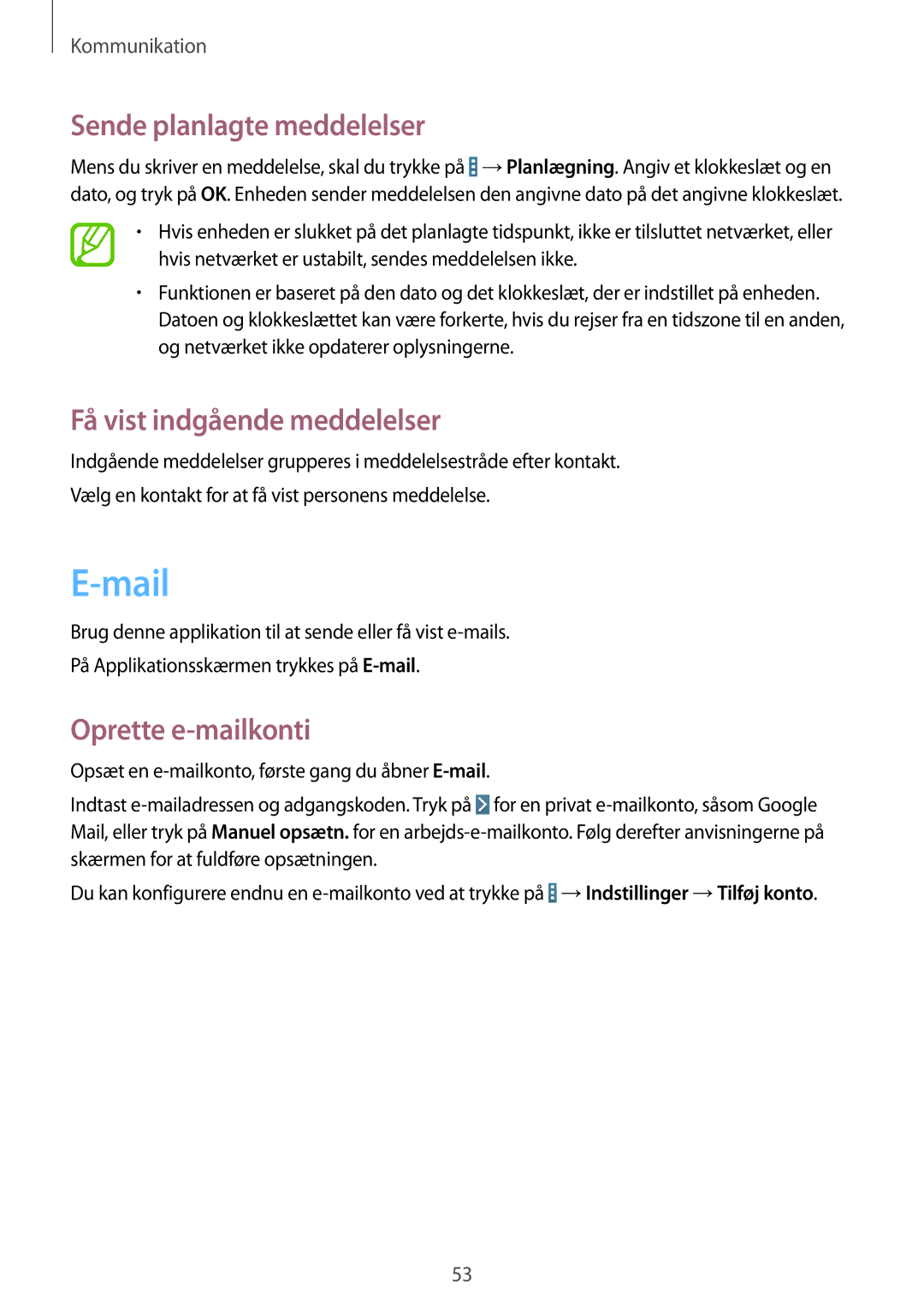Samsung SM-T235NZWANEE manual Mail, Sende planlagte meddelelser, Få vist indgående meddelelser, Oprette e-mailkonti 