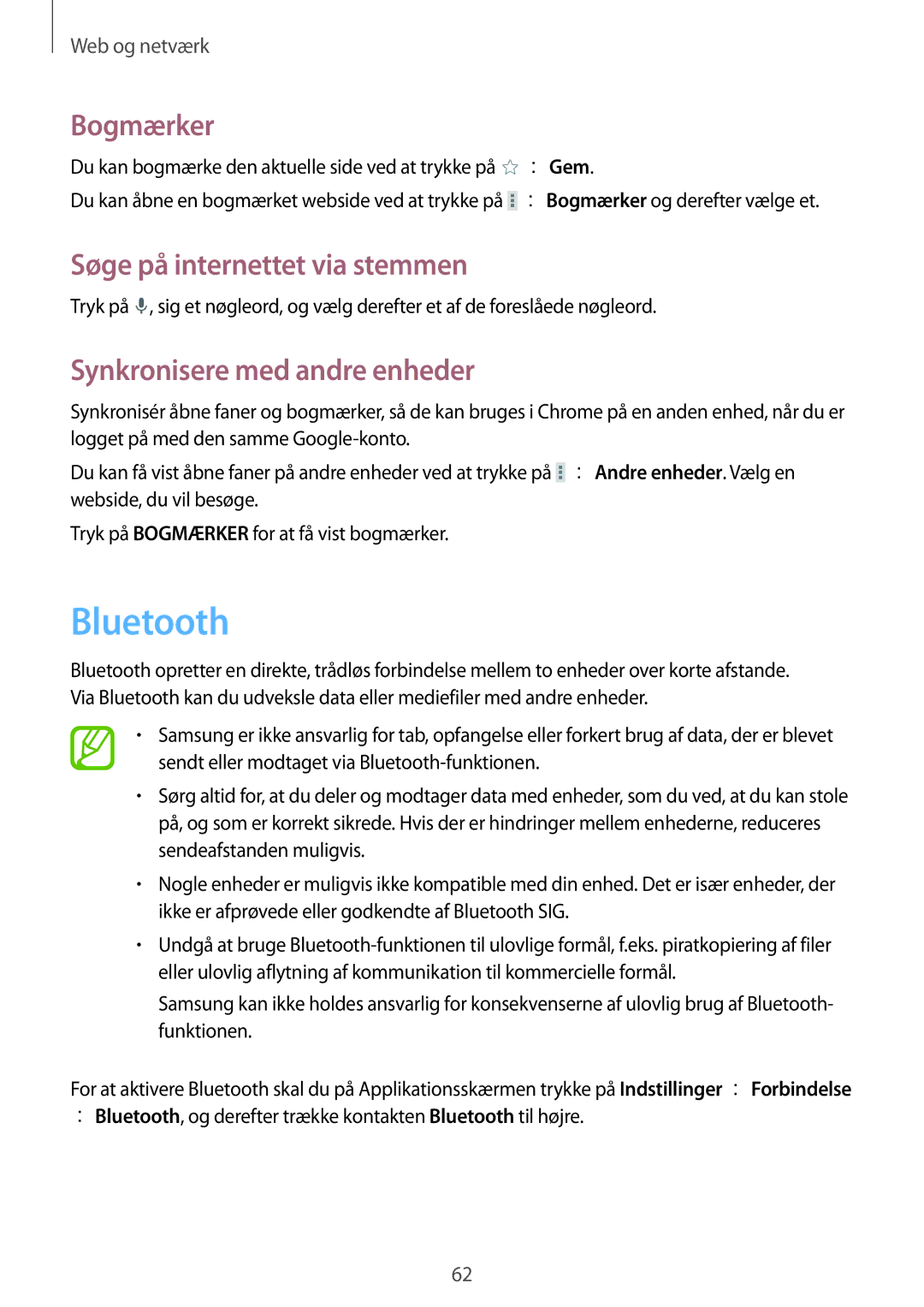 Samsung SM-T235NYKANEE, SM-T235NZWANEE manual Bluetooth, Synkronisere med andre enheder 