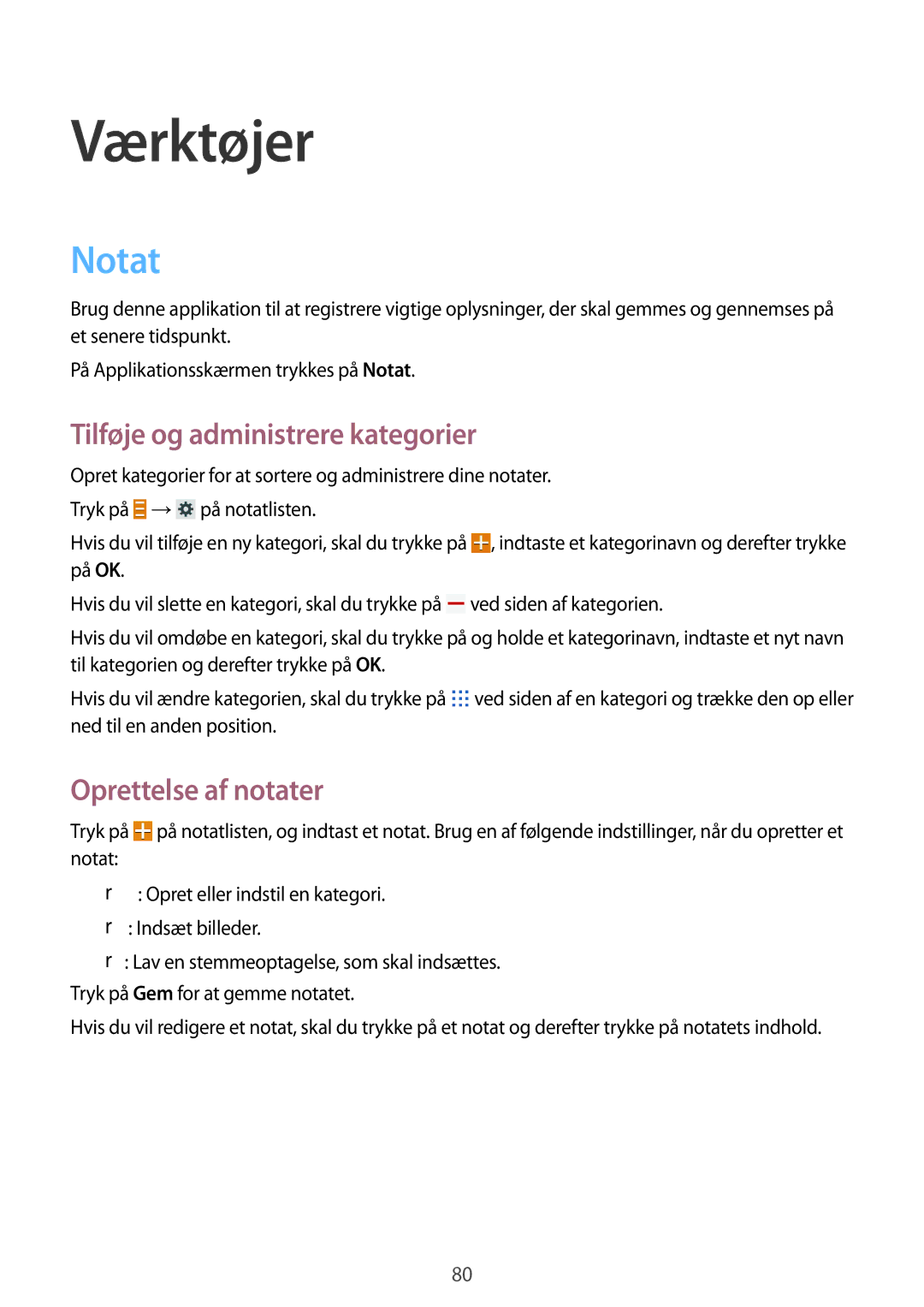 Samsung SM-T235NYKANEE, SM-T235NZWANEE manual Værktøjer, Notat, Tilføje og administrere kategorier, Oprettelse af notater 