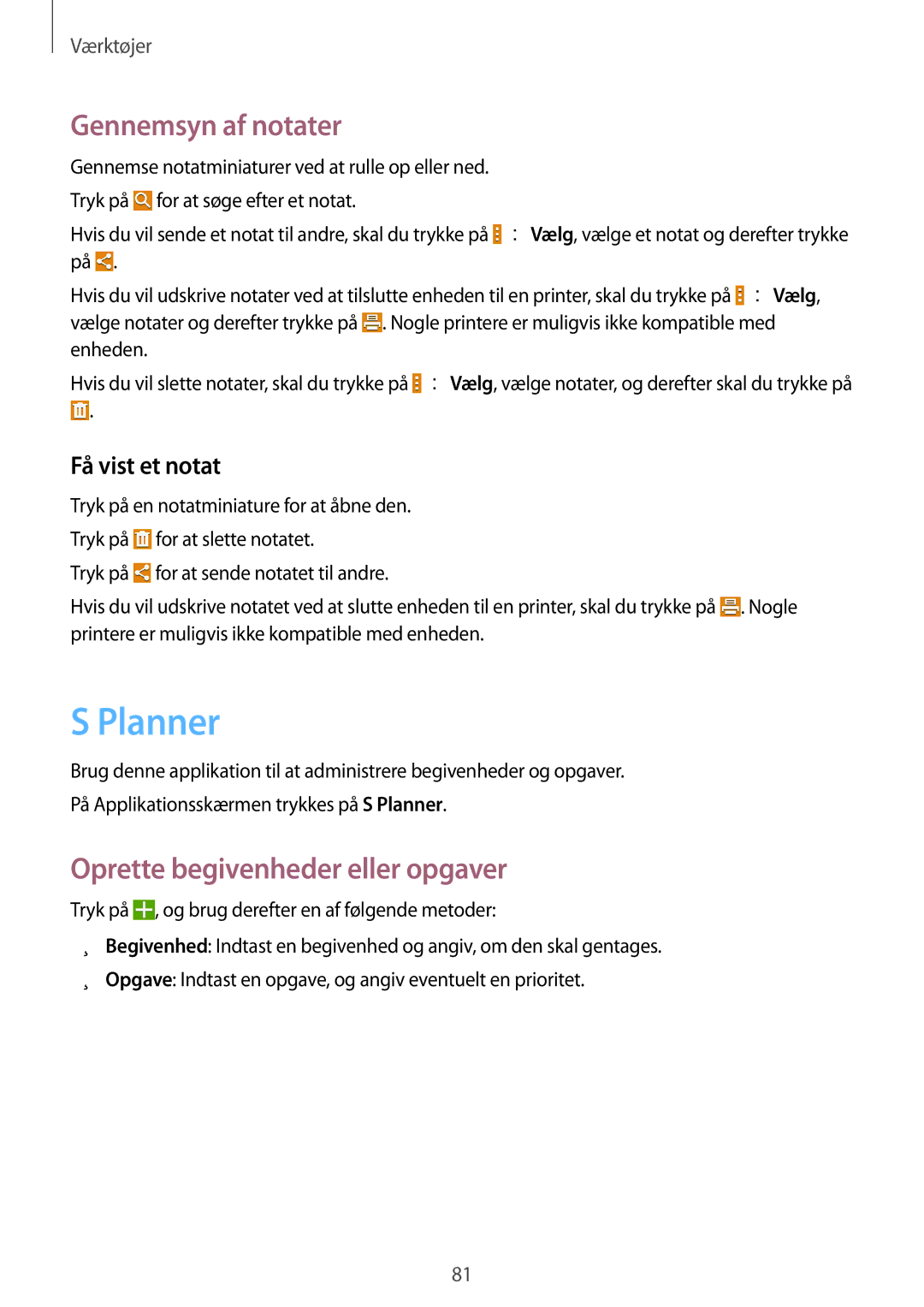 Samsung SM-T235NZWANEE, SM-T235NYKANEE Planner, Gennemsyn af notater, Oprette begivenheder eller opgaver, Få vist et notat 