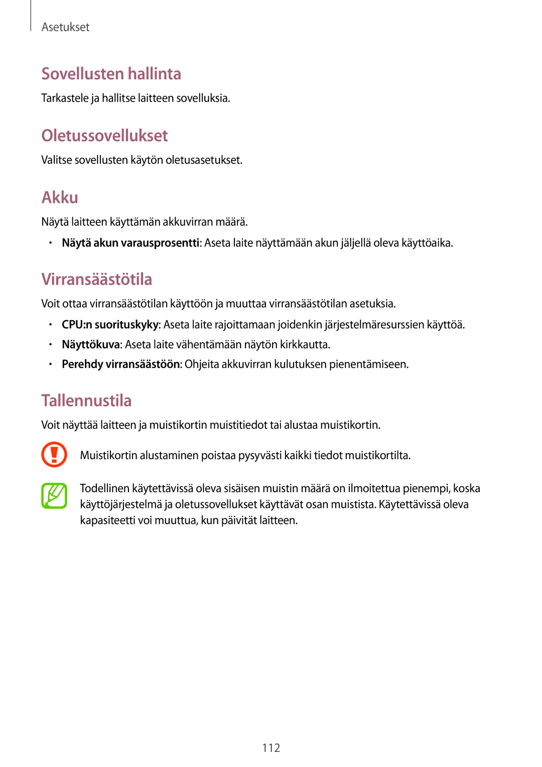 Samsung SM-T235NYKANEE, SM-T235NZWANEE manual Sovellusten hallinta, Oletussovellukset, Akku, Virransäästötila, Tallennustila 