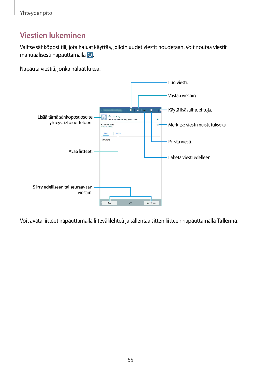 Samsung SM-T235NZWANEE, SM-T235NYKANEE manual Viestien lukeminen 