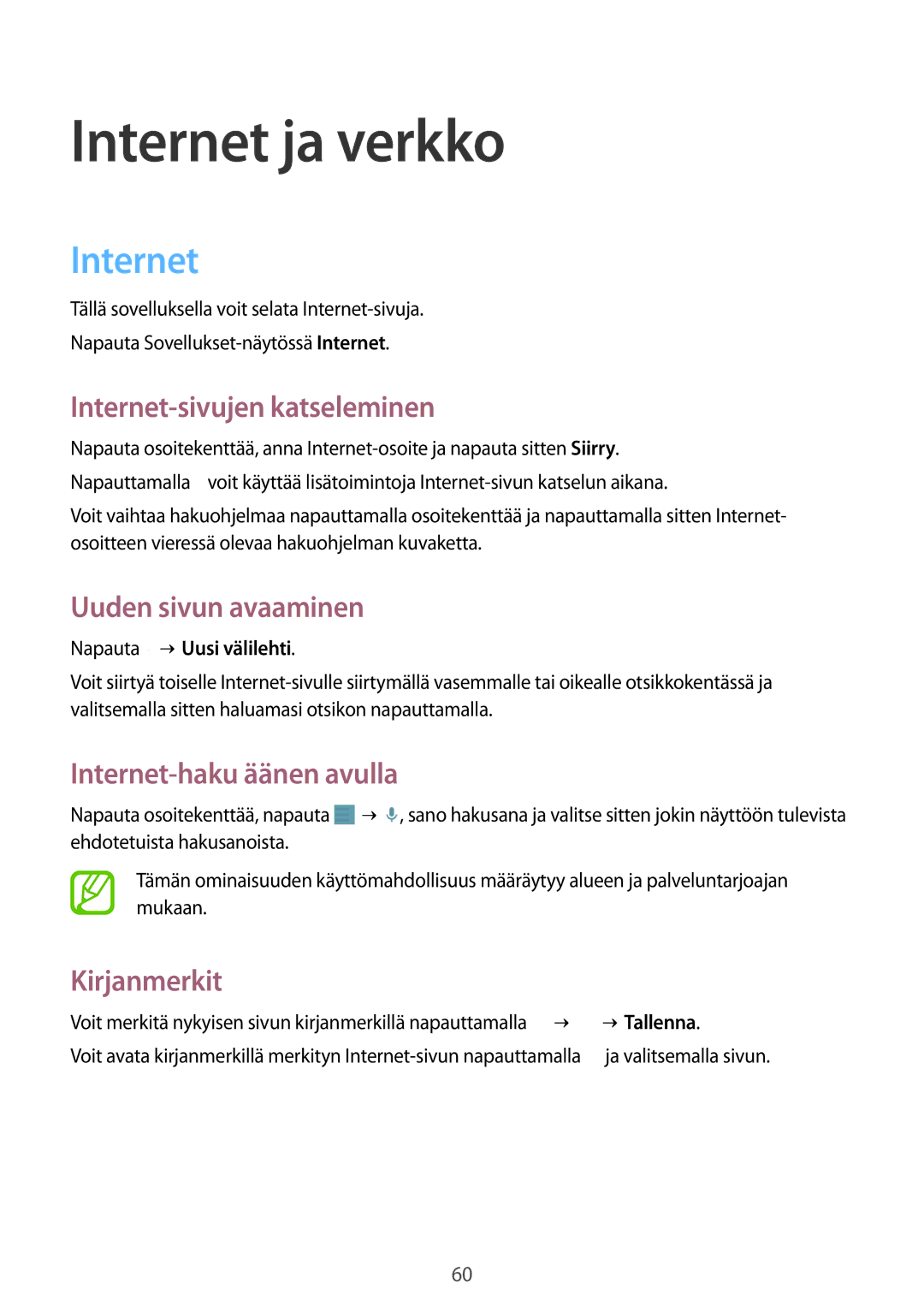 Samsung SM-T235NYKANEE, SM-T235NZWANEE manual Internet ja verkko 