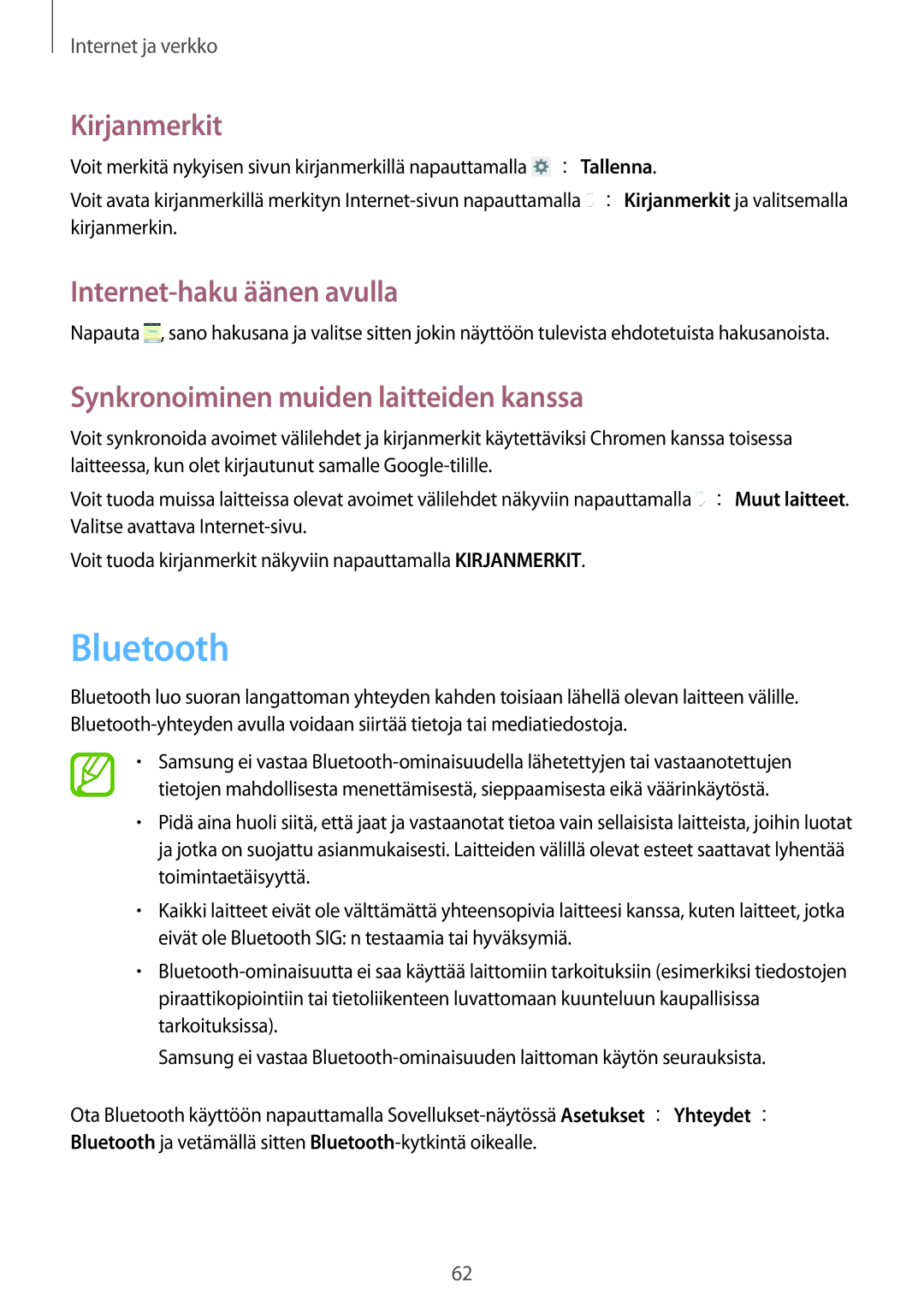 Samsung SM-T235NYKANEE, SM-T235NZWANEE manual Bluetooth, Synkronoiminen muiden laitteiden kanssa 