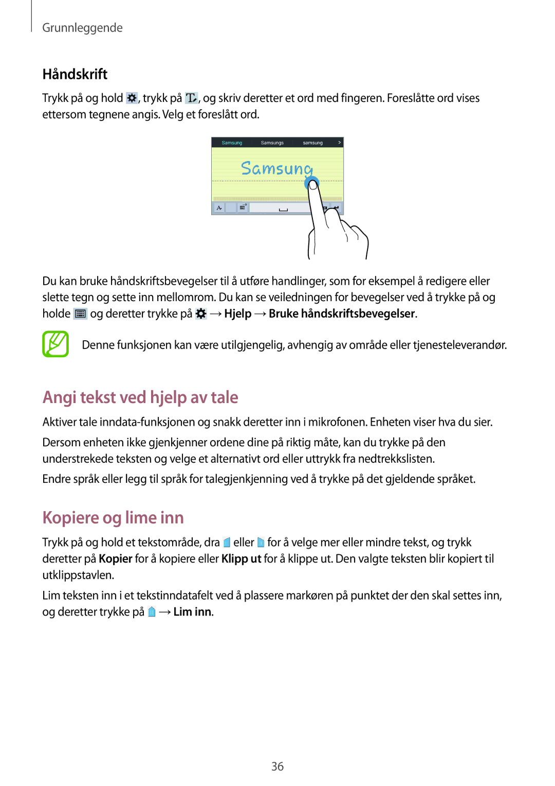 Samsung SM-T235NYKANEE, SM-T235NZWANEE manual Angi tekst ved hjelp av tale, Kopiere og lime inn, Håndskrift 