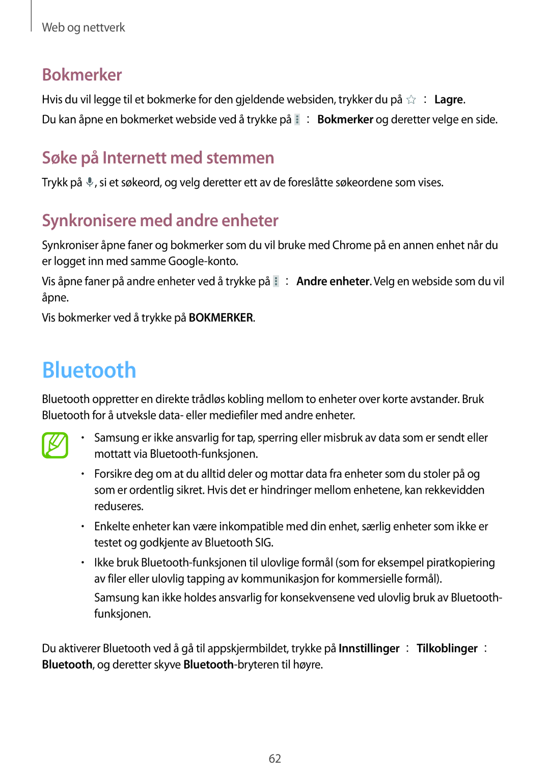 Samsung SM-T235NYKANEE, SM-T235NZWANEE manual Bluetooth, Synkronisere med andre enheter 