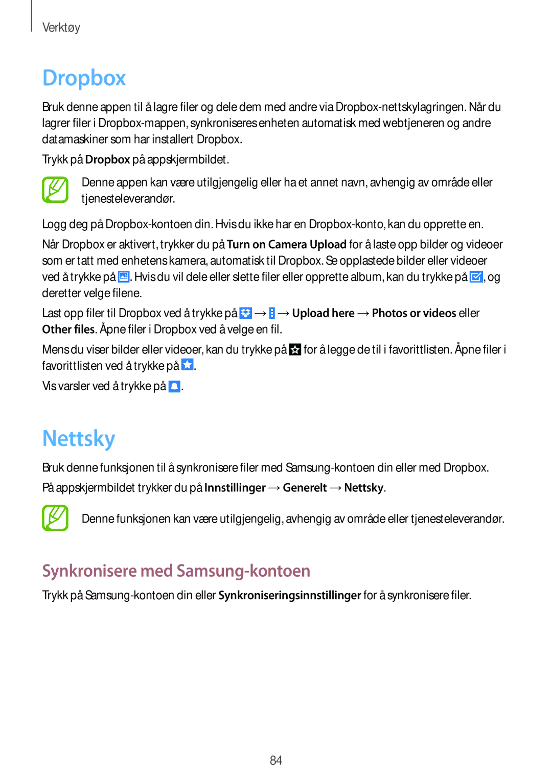 Samsung SM-T235NYKANEE, SM-T235NZWANEE manual Dropbox, Nettsky, Synkronisere med Samsung-kontoen 