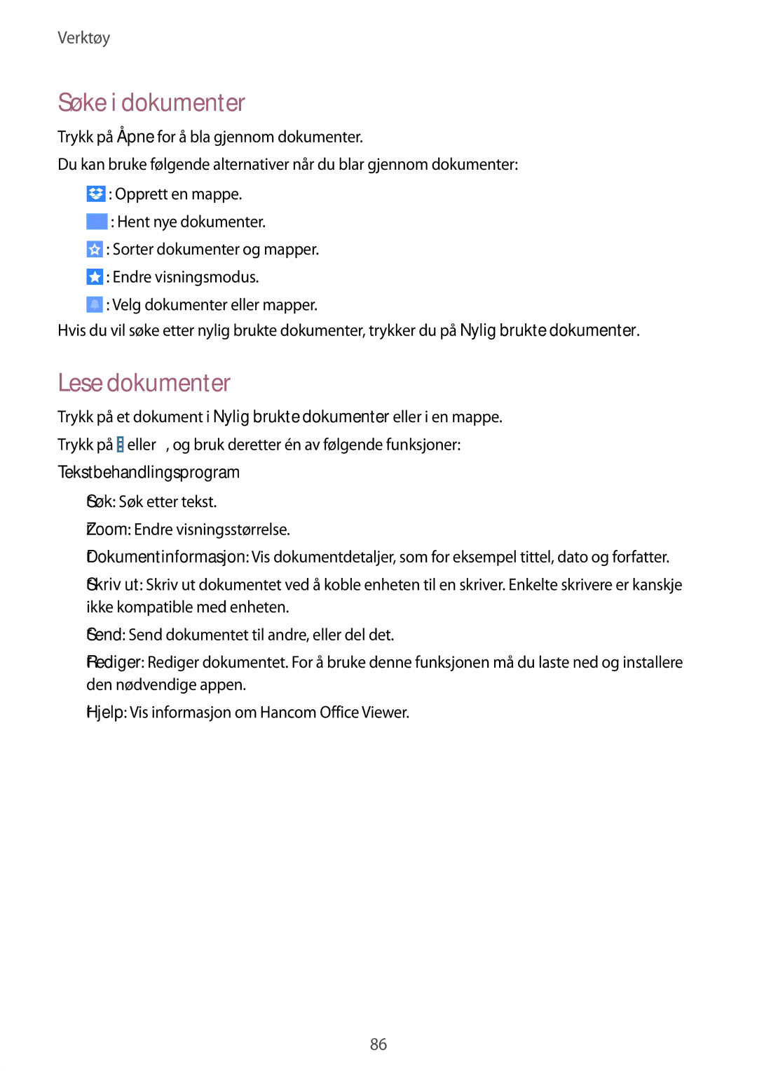 Samsung SM-T235NYKANEE, SM-T235NZWANEE manual Søke i dokumenter, Lese dokumenter, Tekstbehandlingsprogram 