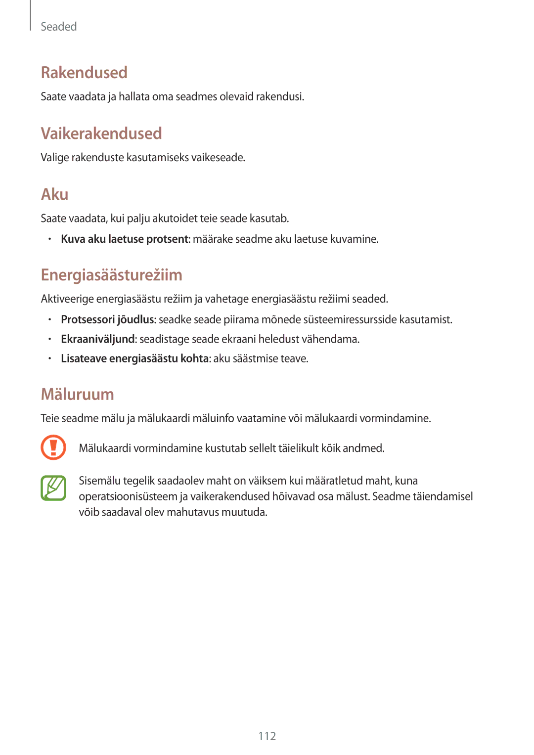 Samsung SM-T235NYKASEB, SM-T235NZWASEB manual Rakendused, Vaikerakendused, Aku, Energiasäästurežiim, Mäluruum 