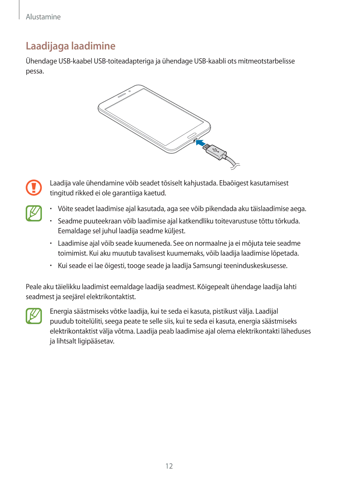 Samsung SM-T235NYKASEB, SM-T235NZWASEB manual Laadijaga laadimine 