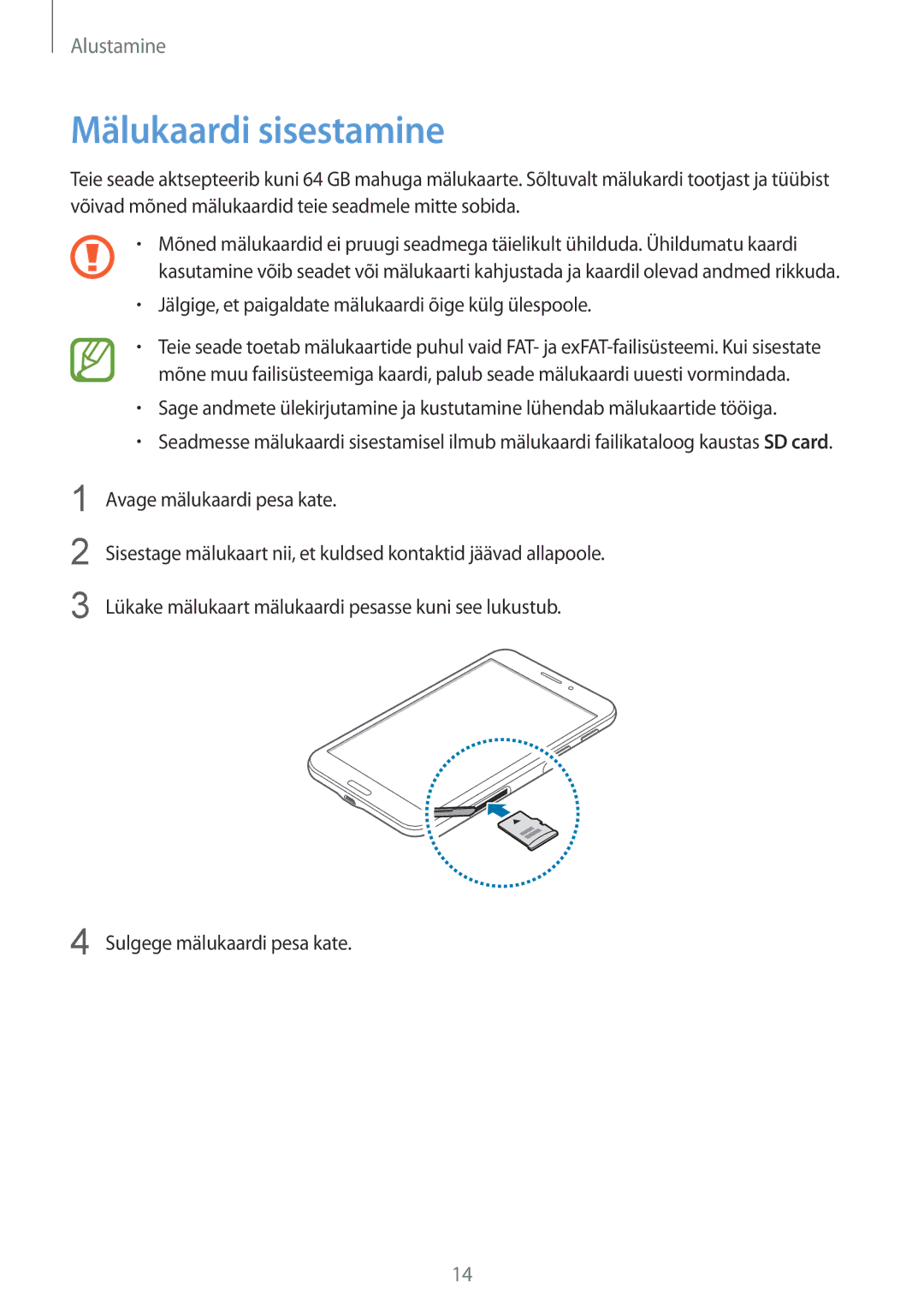 Samsung SM-T235NYKASEB, SM-T235NZWASEB manual Mälukaardi sisestamine 