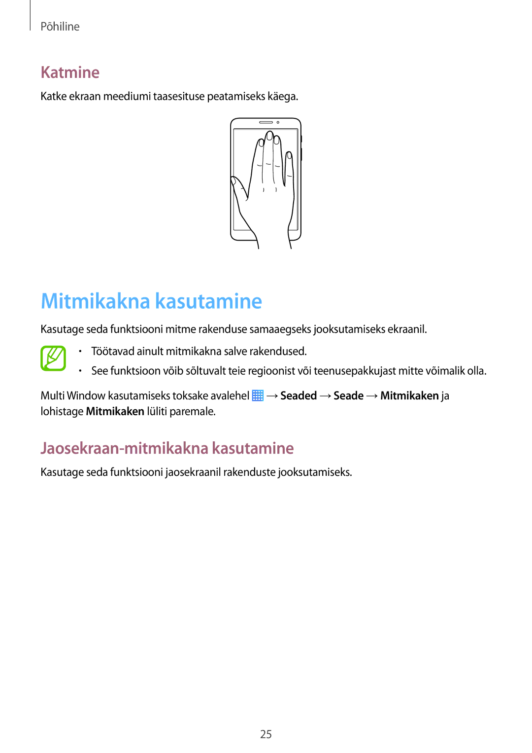 Samsung SM-T235NZWASEB, SM-T235NYKASEB manual Mitmikakna kasutamine, Katmine, Jaosekraan-mitmikakna kasutamine 