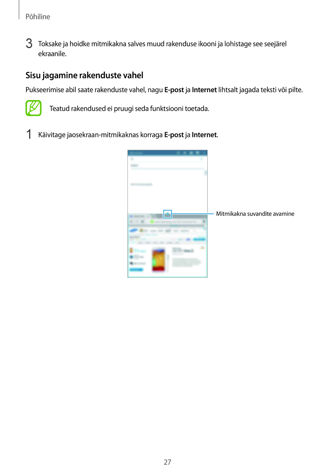 Samsung SM-T235NZWASEB, SM-T235NYKASEB manual Sisu jagamine rakenduste vahel 