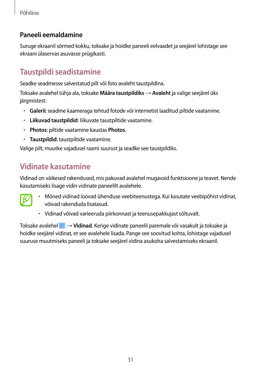 Samsung SM-T235NZWASEB, SM-T235NYKASEB manual Taustpildi seadistamine, Vidinate kasutamine, Paneeli eemaldamine 