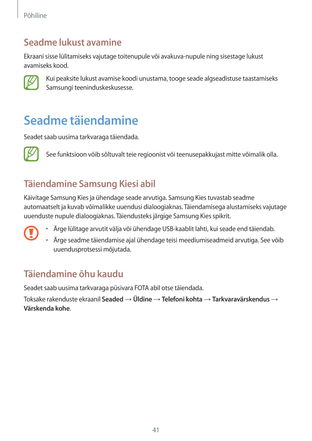 Samsung SM-T235NZWASEB Seadme täiendamine, Seadme lukust avamine, Täiendamine Samsung Kiesi abil, Täiendamine õhu kaudu 