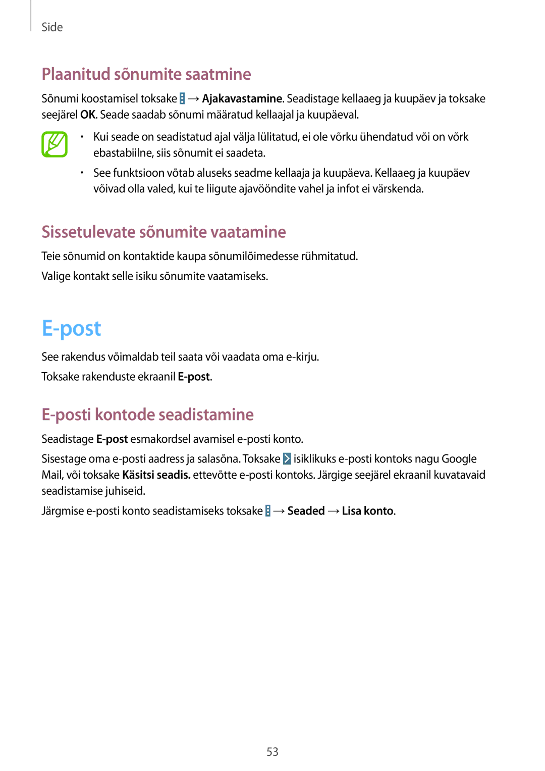 Samsung SM-T235NZWASEB manual Plaanitud sõnumite saatmine, Sissetulevate sõnumite vaatamine, Posti kontode seadistamine 