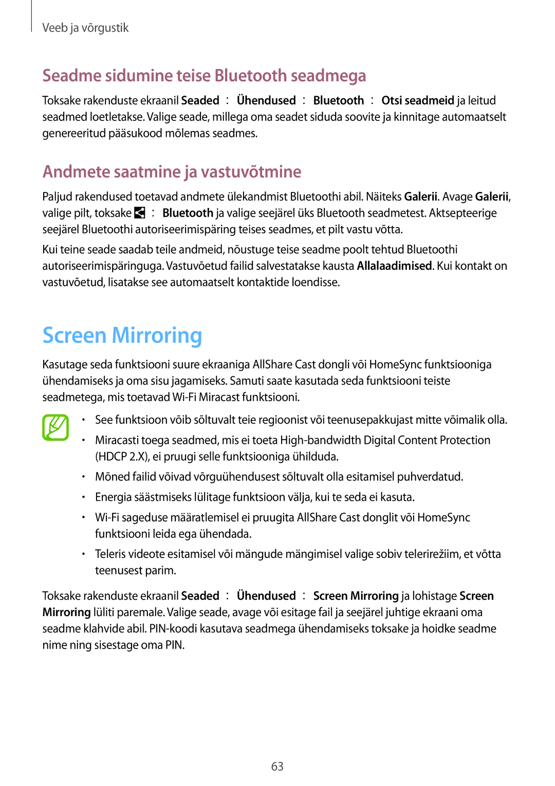 Samsung SM-T235NZWASEB manual Screen Mirroring, Seadme sidumine teise Bluetooth seadmega, Andmete saatmine ja vastuvõtmine 