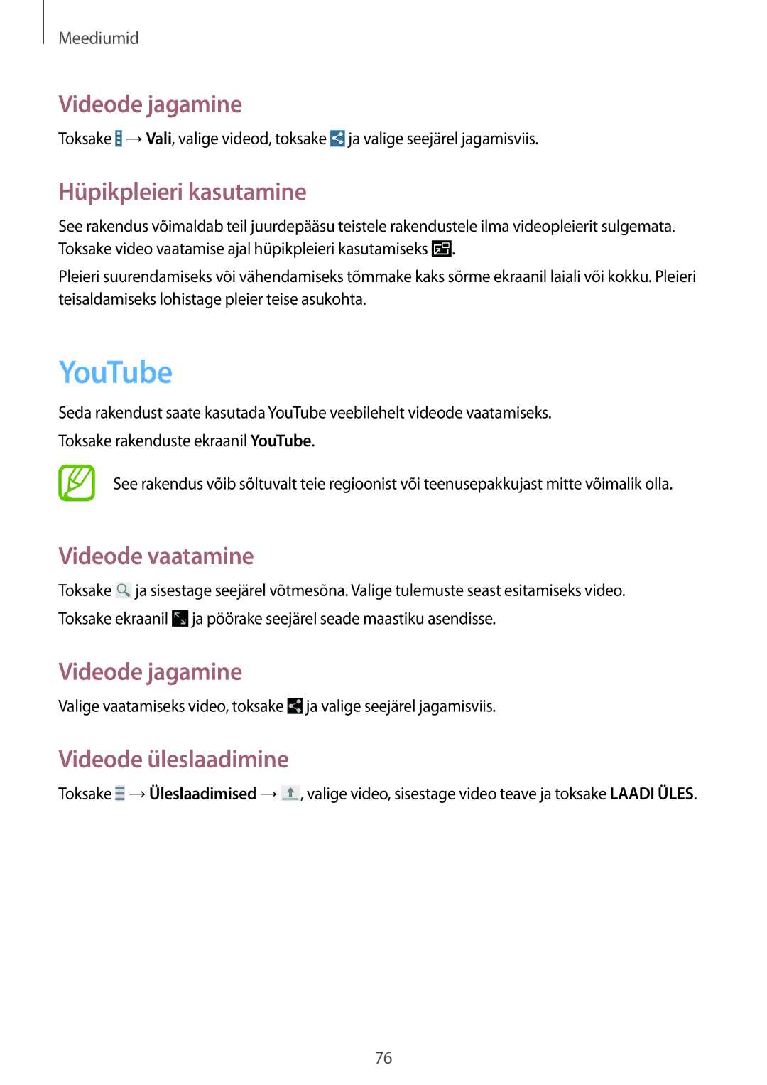 Samsung SM-T235NYKASEB manual YouTube, Videode jagamine, Hüpikpleieri kasutamine, Videode vaatamine, Videode üleslaadimine 