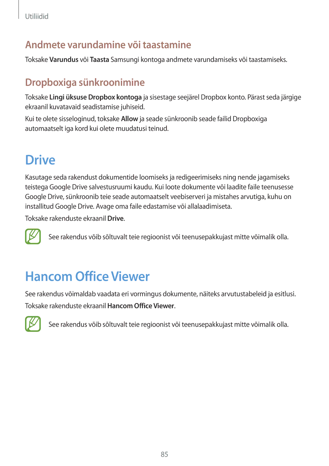Samsung SM-T235NZWASEB manual Drive, Hancom Office Viewer, Andmete varundamine või taastamine, Dropboxiga sünkroonimine 