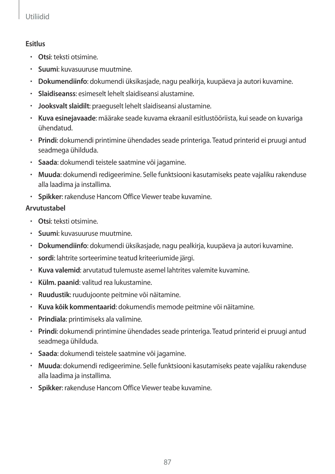 Samsung SM-T235NZWASEB, SM-T235NYKASEB manual Esitlus, Arvutustabel 