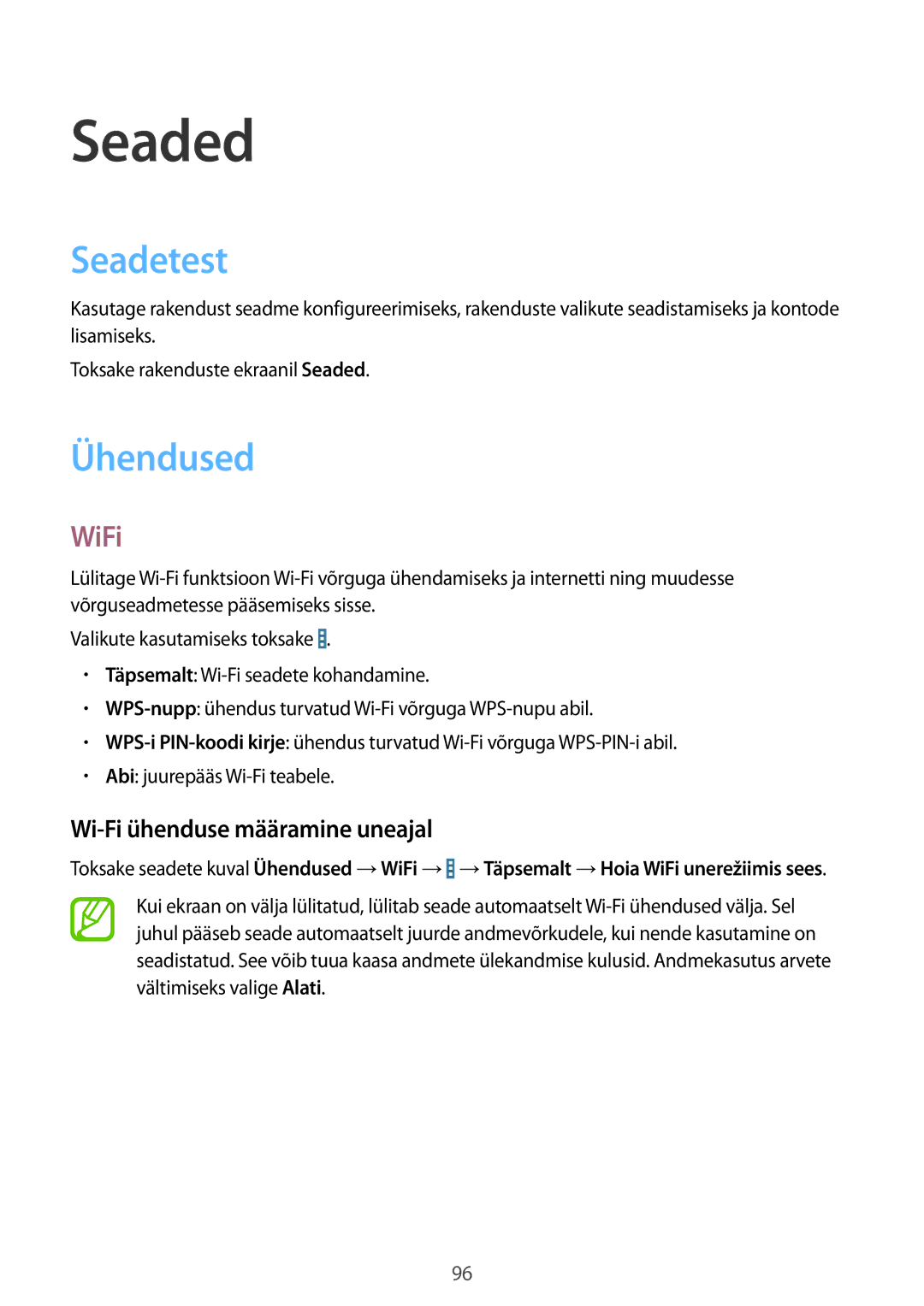 Samsung SM-T235NYKASEB, SM-T235NZWASEB manual Seaded, Seadetest, Ühendused, WiFi, Wi-Fi ühenduse määramine uneajal 