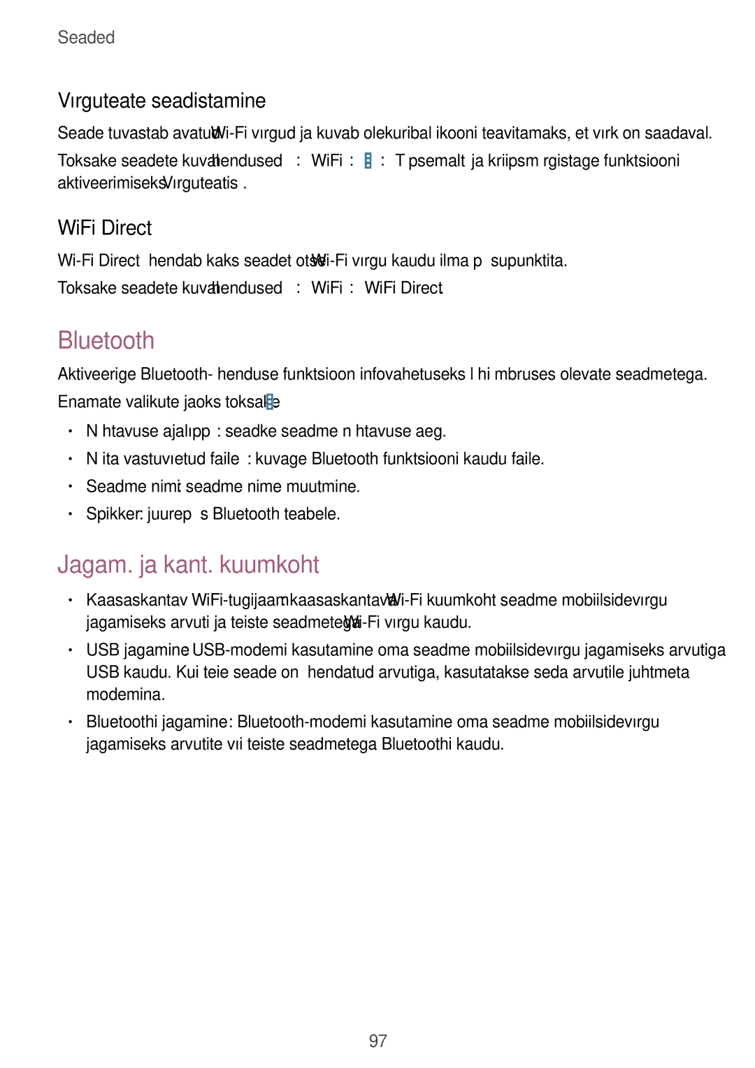 Samsung SM-T235NZWASEB, SM-T235NYKASEB manual Bluetooth, Jagam. ja kant. kuumkoht, Võrguteate seadistamine, WiFi Direct 