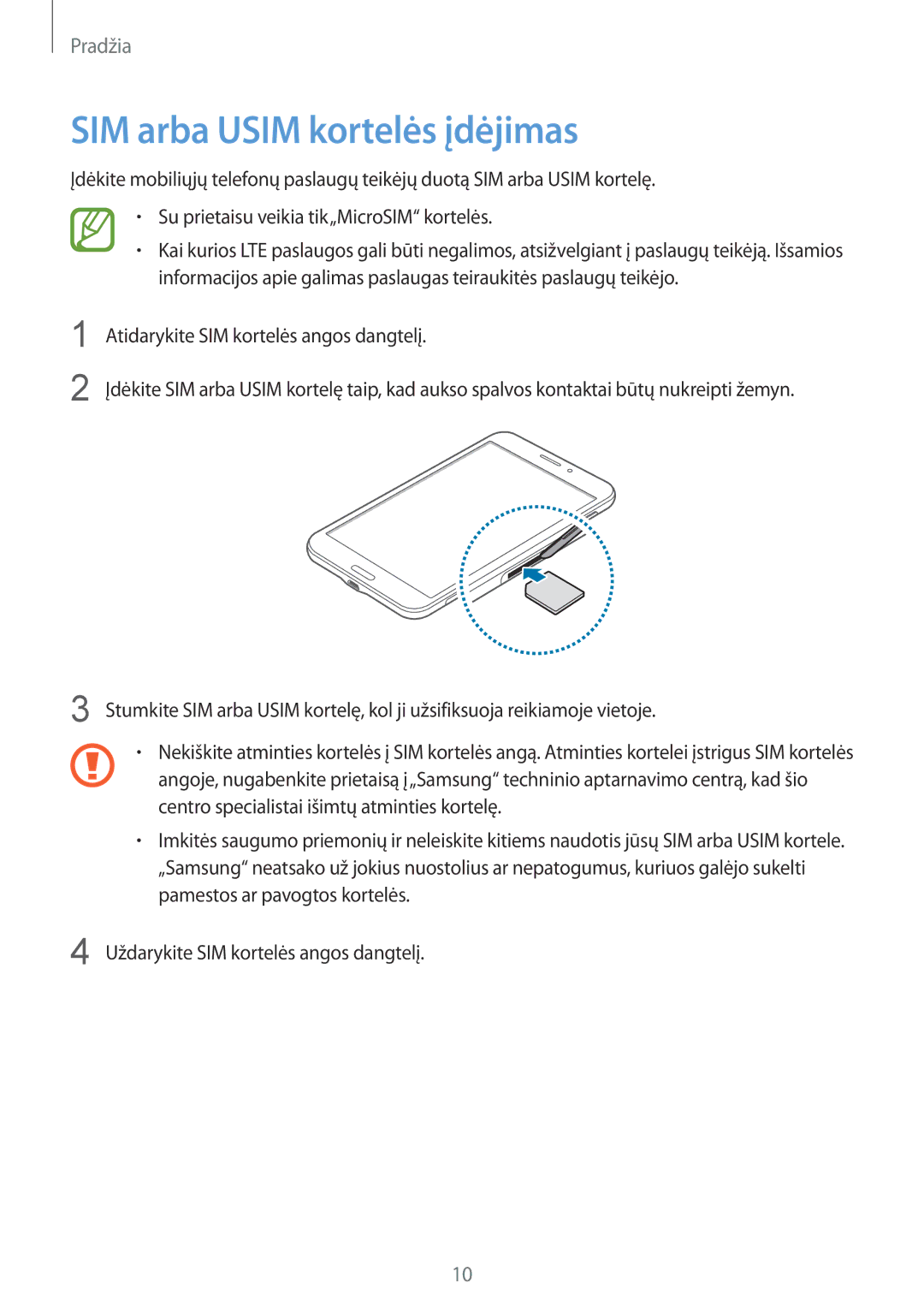 Samsung SM-T235NYKASEB, SM-T235NZWASEB manual SIM arba Usim kortelės įdėjimas 