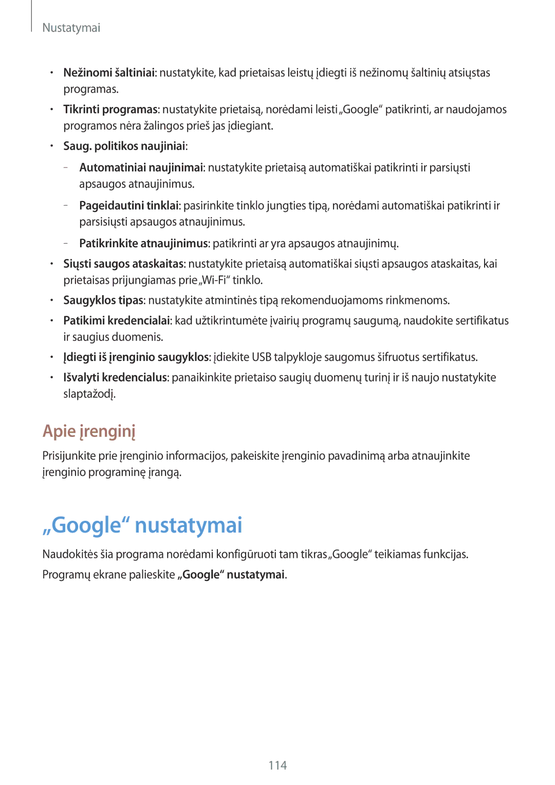 Samsung SM-T235NYKASEB, SM-T235NZWASEB manual „Google nustatymai, Apie įrenginį, Saug. politikos naujiniai 