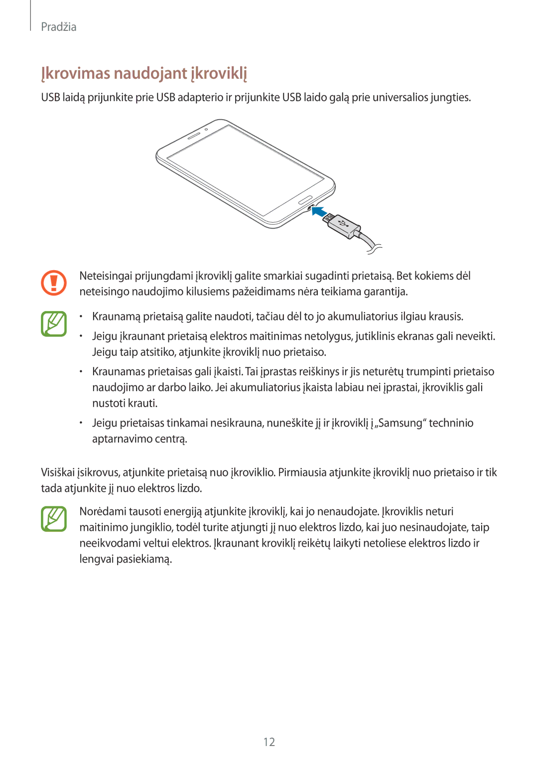 Samsung SM-T235NYKASEB, SM-T235NZWASEB manual Įkrovimas naudojant įkroviklį 