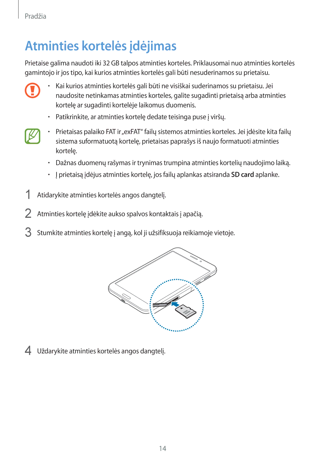 Samsung SM-T235NYKASEB, SM-T235NZWASEB manual Atminties kortelės įdėjimas 