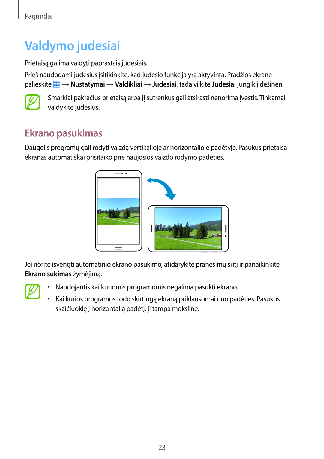 Samsung SM-T235NZWASEB, SM-T235NYKASEB manual Valdymo judesiai, Ekrano pasukimas 