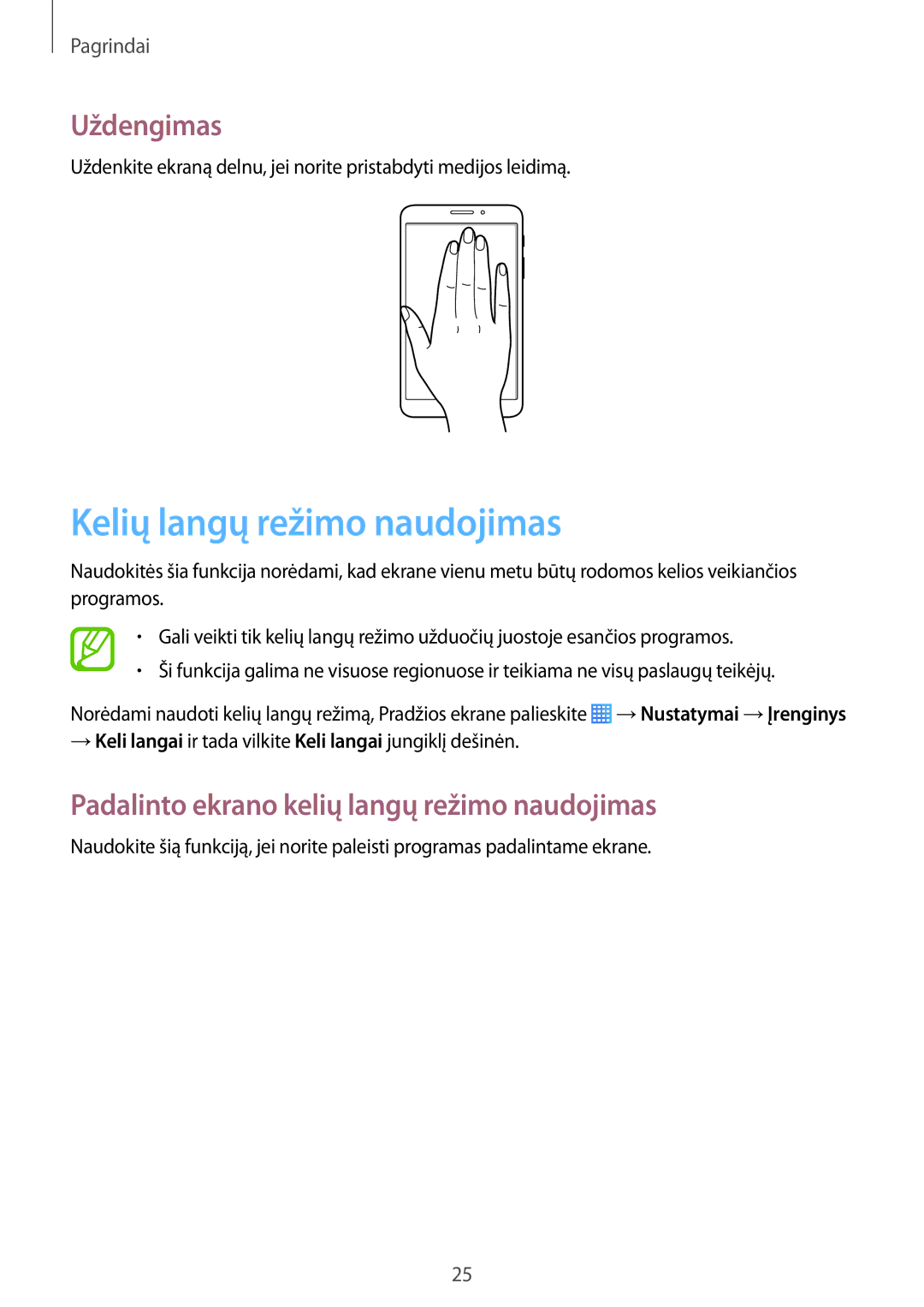 Samsung SM-T235NZWASEB manual Kelių langų režimo naudojimas, Uždengimas, Padalinto ekrano kelių langų režimo naudojimas 