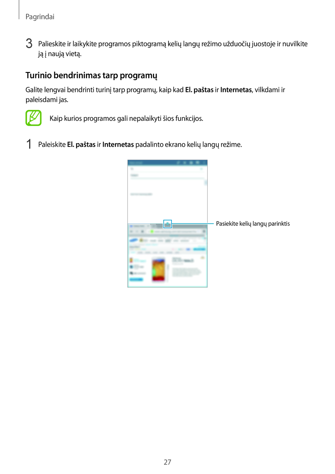 Samsung SM-T235NZWASEB, SM-T235NYKASEB manual Turinio bendrinimas tarp programų 