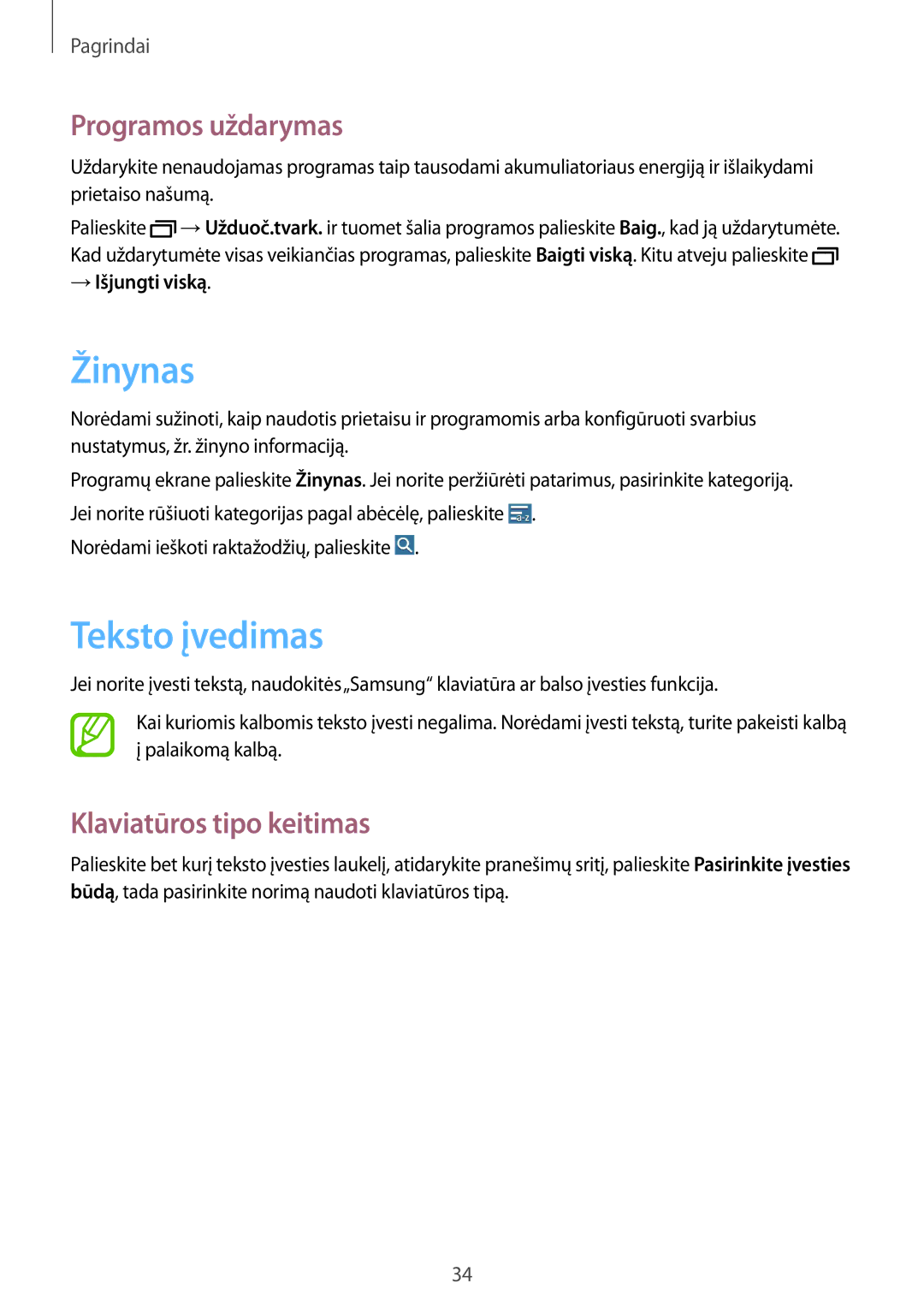 Samsung SM-T235NYKASEB manual Žinynas, Teksto įvedimas, Programos uždarymas, Klaviatūros tipo keitimas, → Išjungti viską 