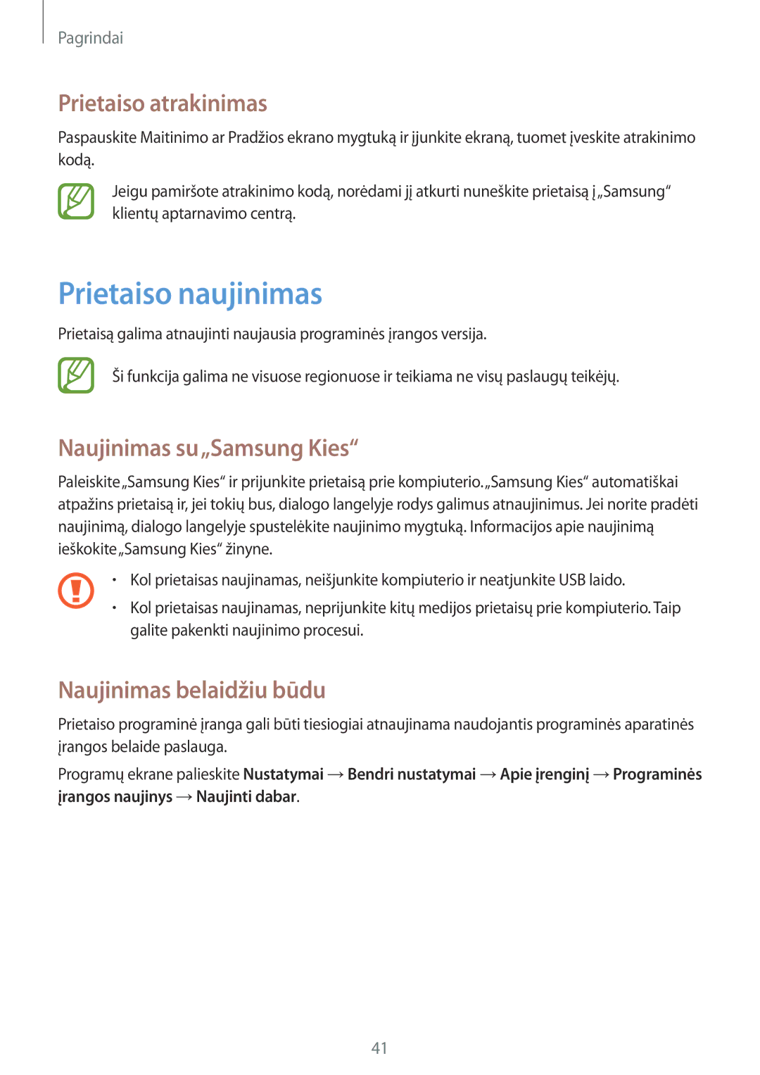 Samsung SM-T235NZWASEB Prietaiso naujinimas, Prietaiso atrakinimas, Naujinimas su„Samsung Kies, Naujinimas belaidžiu būdu 