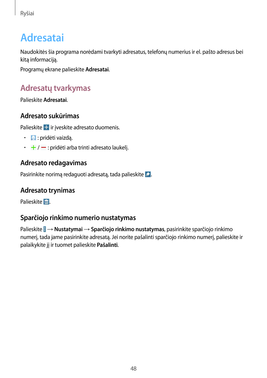 Samsung SM-T235NYKASEB, SM-T235NZWASEB manual Adresatai, Adresatų tvarkymas 