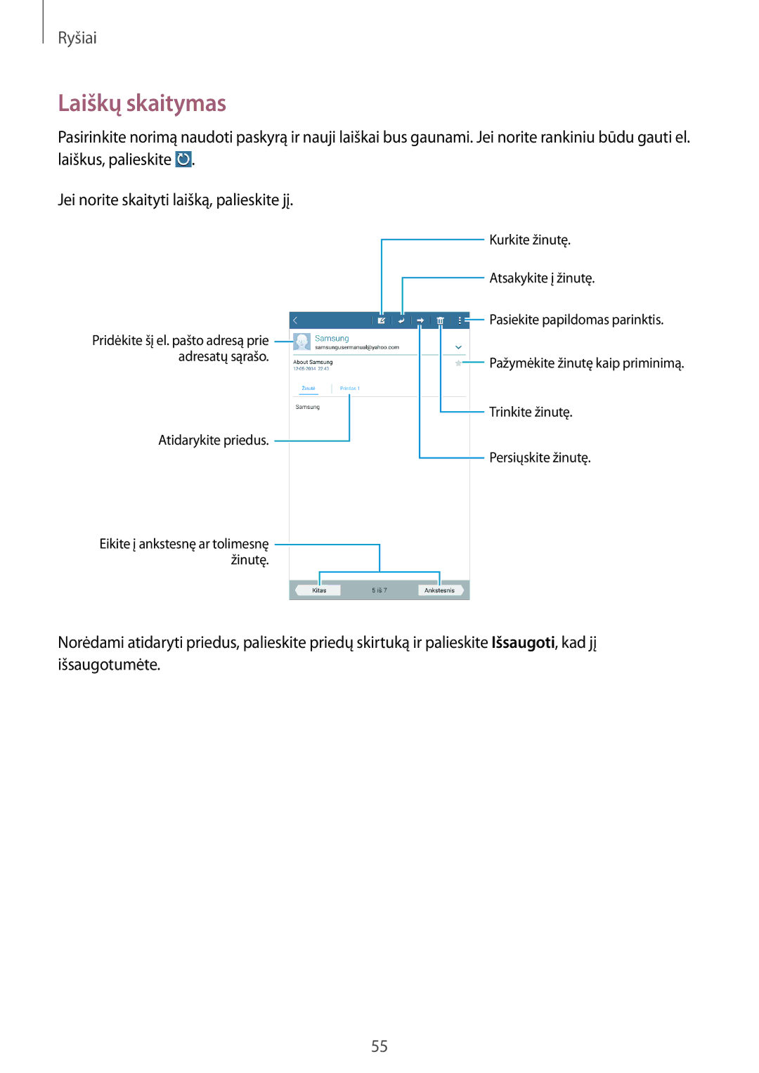 Samsung SM-T235NZWASEB, SM-T235NYKASEB manual Laiškų skaitymas 