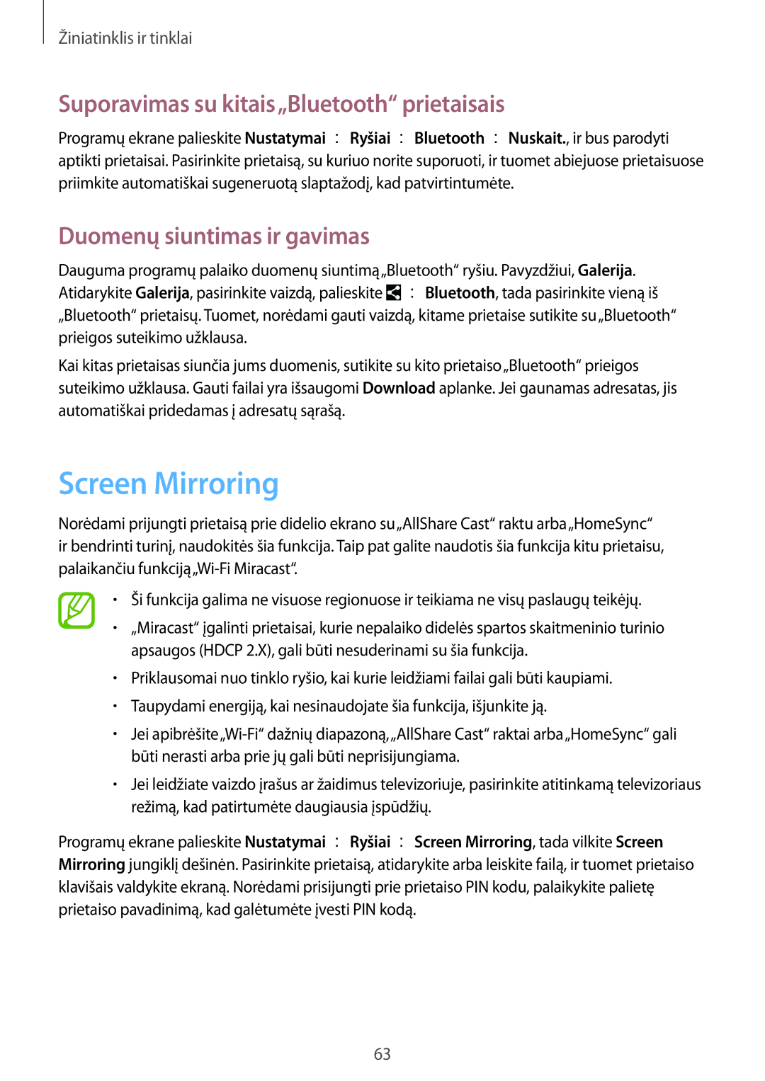 Samsung SM-T235NZWASEB manual Screen Mirroring, Suporavimas su kitais„Bluetooth prietaisais, Duomenų siuntimas ir gavimas 