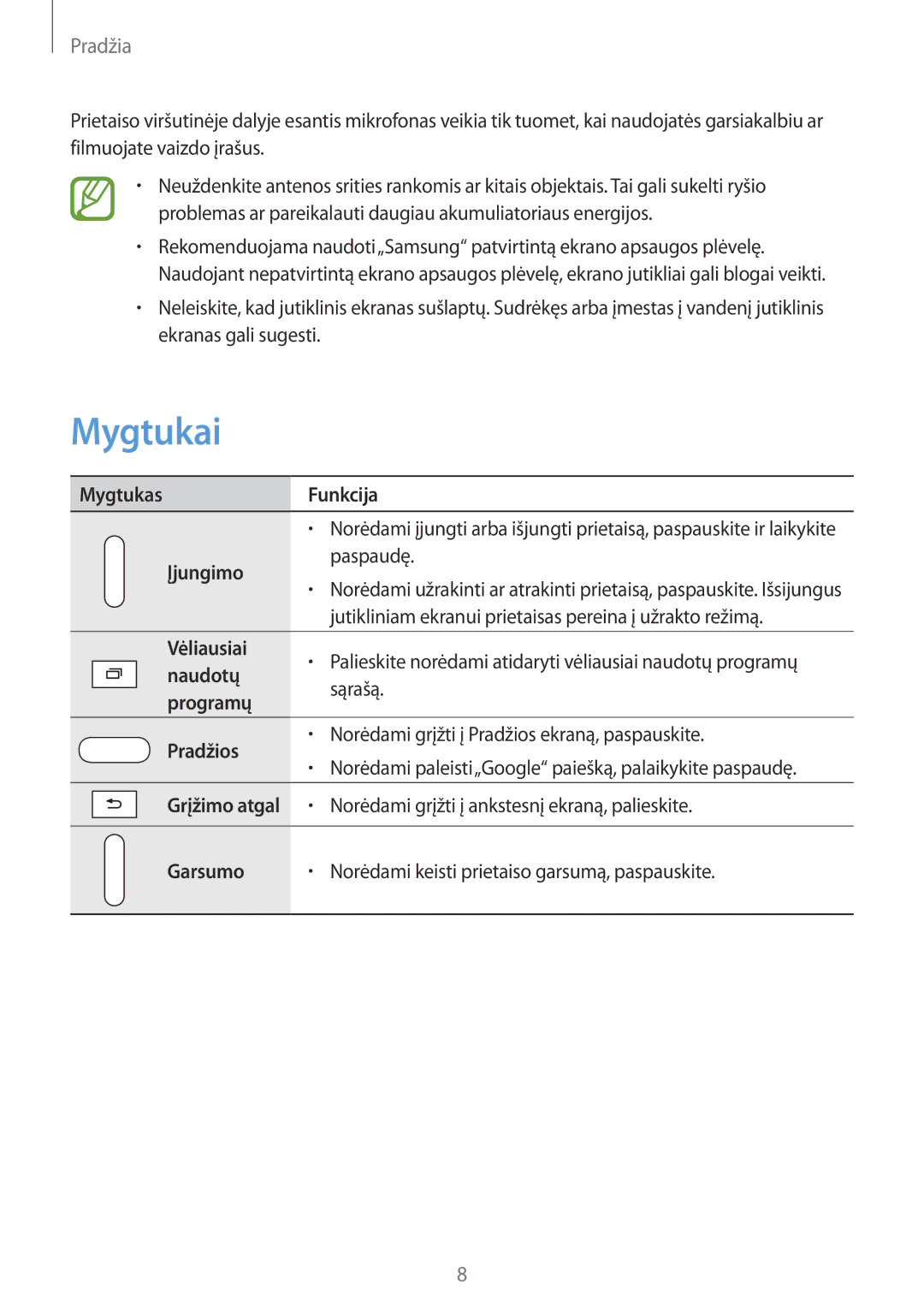 Samsung SM-T235NYKASEB, SM-T235NZWASEB manual Mygtukai 