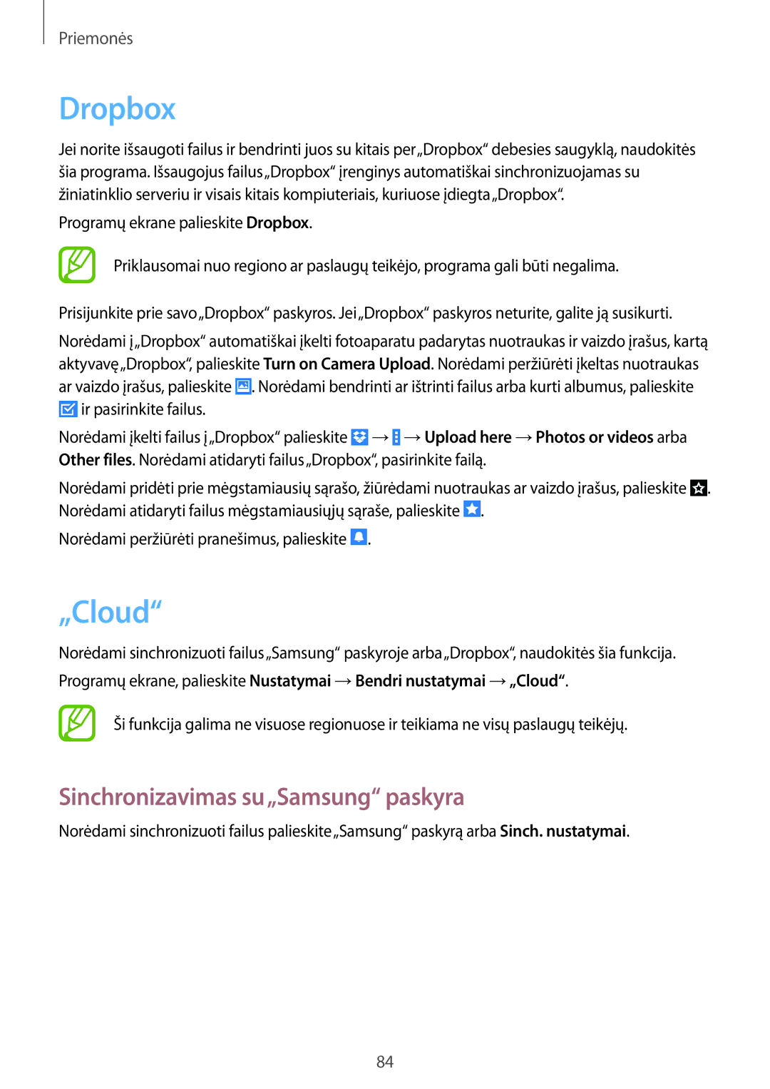 Samsung SM-T235NYKASEB, SM-T235NZWASEB manual Dropbox, „Cloud, Sinchronizavimas su„Samsung paskyra 