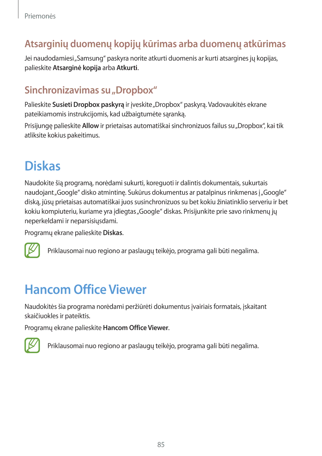 Samsung SM-T235NZWASEB, SM-T235NYKASEB manual Diskas, Hancom Office Viewer, Sinchronizavimas su„Dropbox 