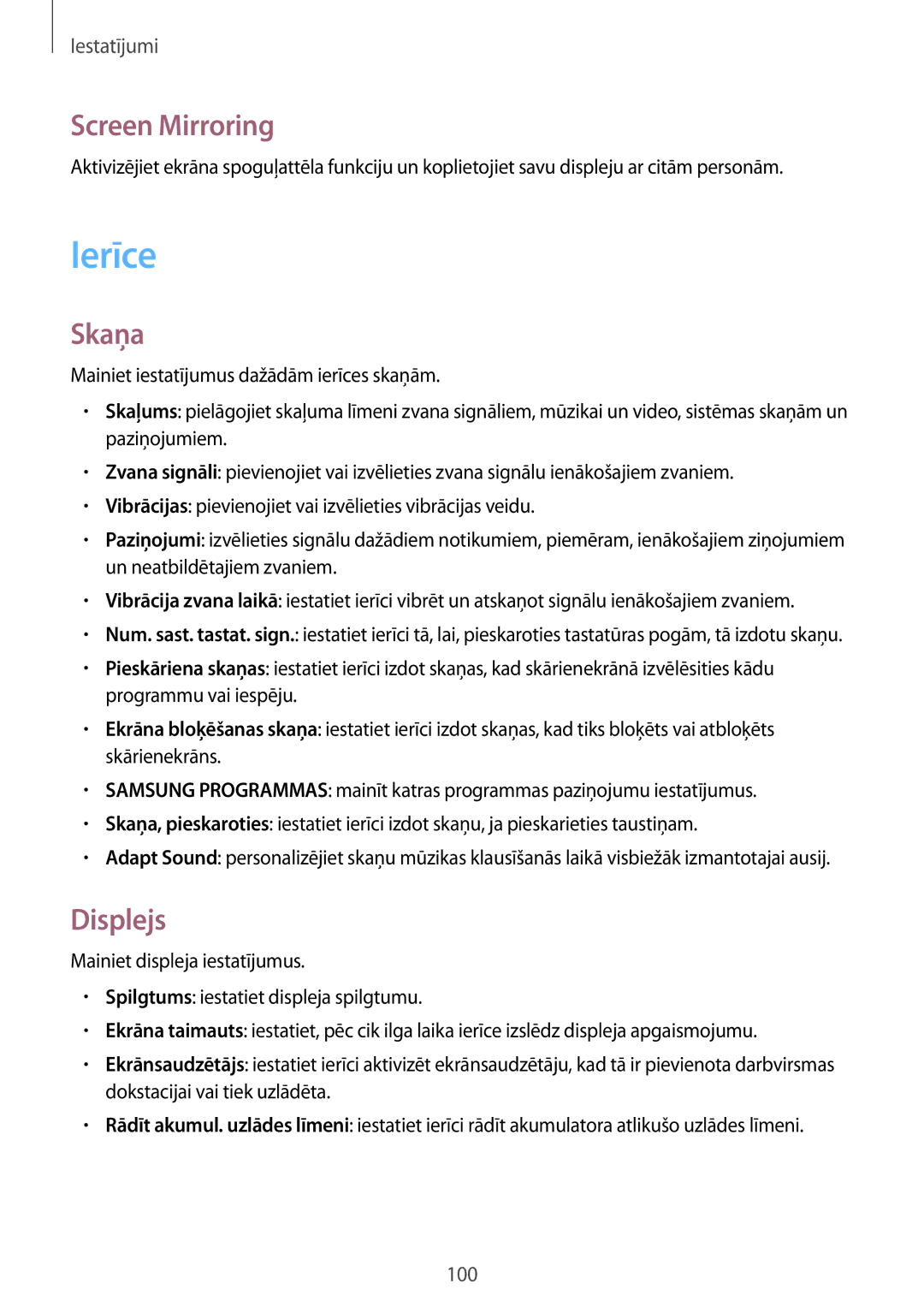 Samsung SM-T235NYKASEB, SM-T235NZWASEB manual Ierīce, Screen Mirroring, Skaņa, Displejs 