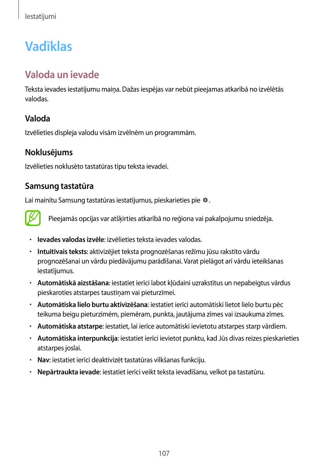 Samsung SM-T235NZWASEB, SM-T235NYKASEB manual Vadīklas, Valoda un ievade, Noklusējums, Samsung tastatūra 