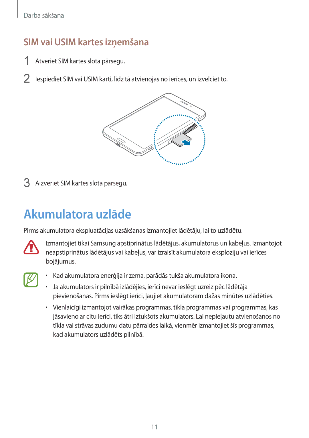 Samsung SM-T235NZWASEB, SM-T235NYKASEB manual Akumulatora uzlāde, SIM vai Usim kartes izņemšana 