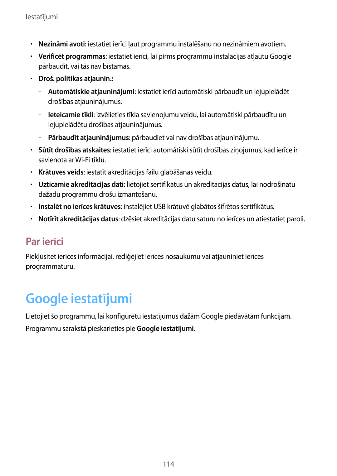 Samsung SM-T235NYKASEB, SM-T235NZWASEB manual Google iestatījumi, Par ierīci, Droš. politikas atjaunin 