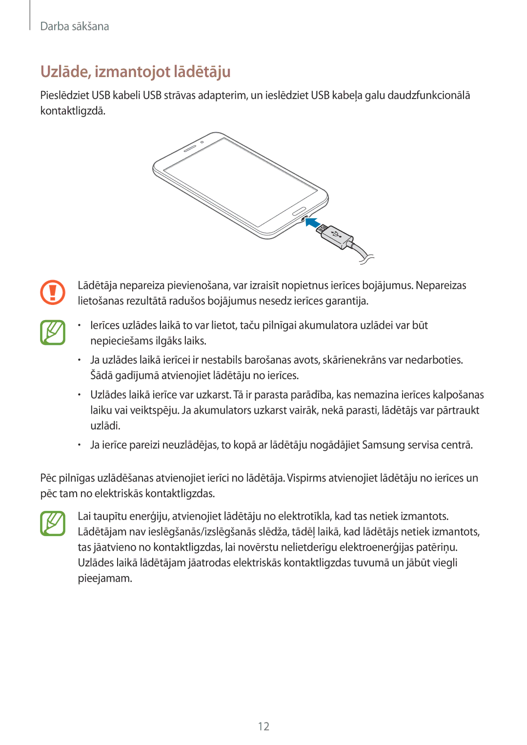 Samsung SM-T235NYKASEB, SM-T235NZWASEB manual Uzlāde, izmantojot lādētāju 
